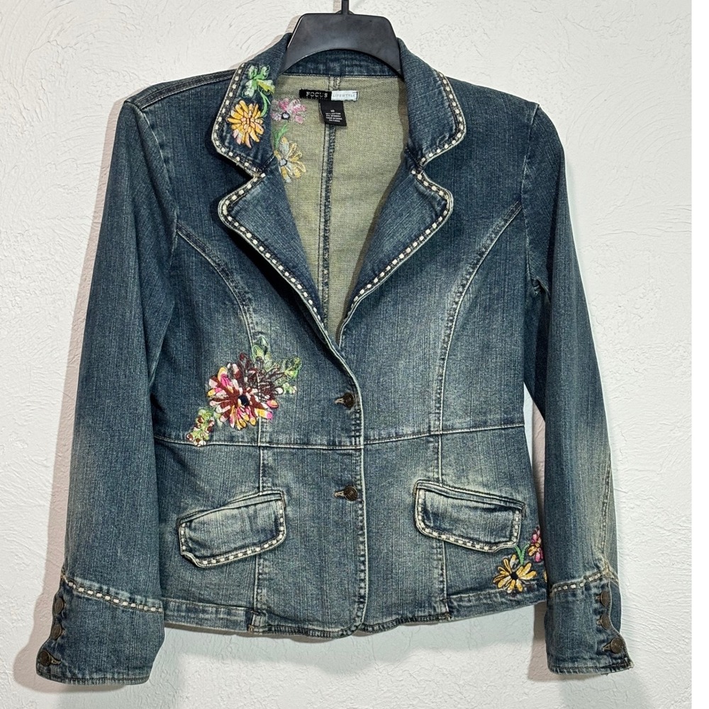 Focus Lifestyle Y2K Vintage Denim Blazer Size 10 Floral Embroidered Jacket Boho